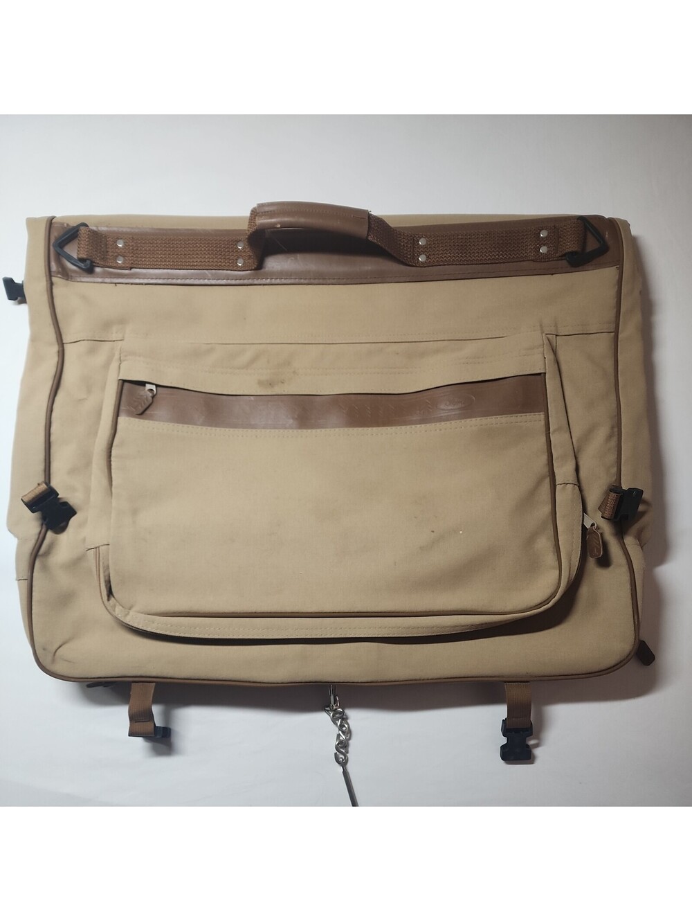 Ford Eddie Bauer Edition Khaki Canvas & Leather Garment Bag Luggage Travel EUC